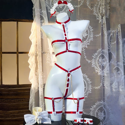 透け感がある可愛いくまハーネスメイドコスプレセット レッド【エビスタジオ】