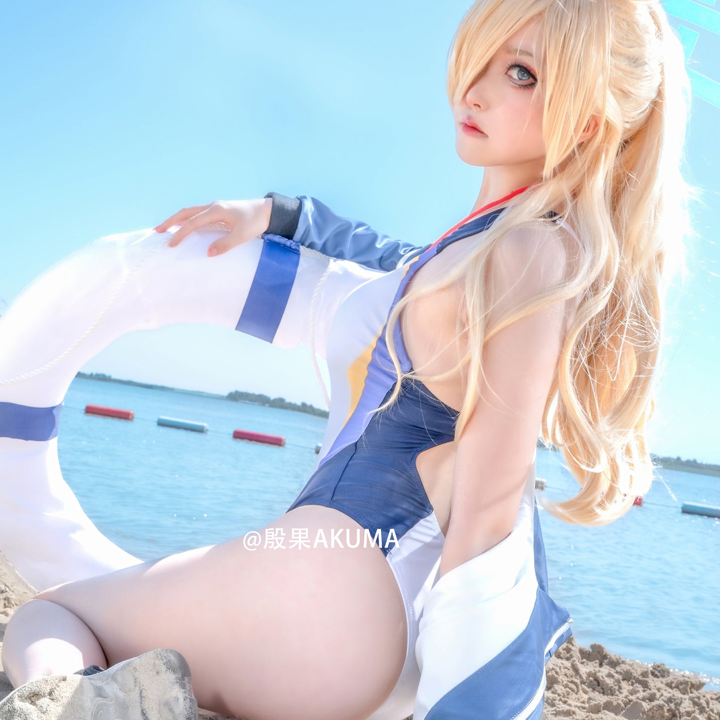 ブルアカ 尾刃カンナ風ハイレグ水着レオタードとコートコスプレ4点セット【歪萌舍】