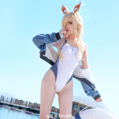 ブルアカ 尾刃カンナ風ハイレグ水着レオタードとコートコスプレ4点セット【歪萌舍】