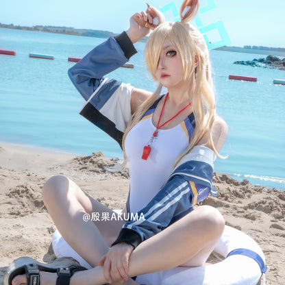ブルアカ 尾刃カンナ風ハイレグ水着レオタードとコートコスプレ4点セット【歪萌舍】