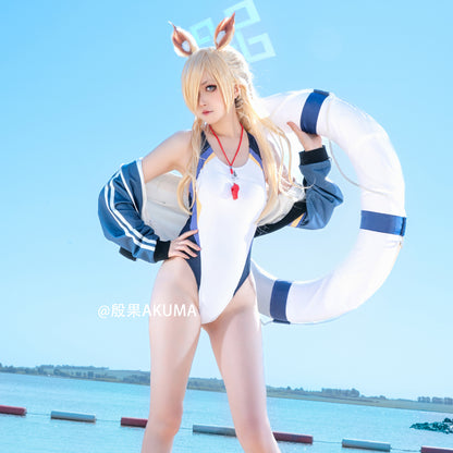 ブルアカ 尾刃カンナ風ハイレグ水着レオタードとコートコスプレ4点セット【歪萌舍】