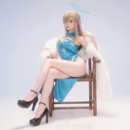 ブルーアーカイブ エレガントでセクシーな明日奈チャイナドレスコスプレ ショール付き ブルー【歪萌舍】