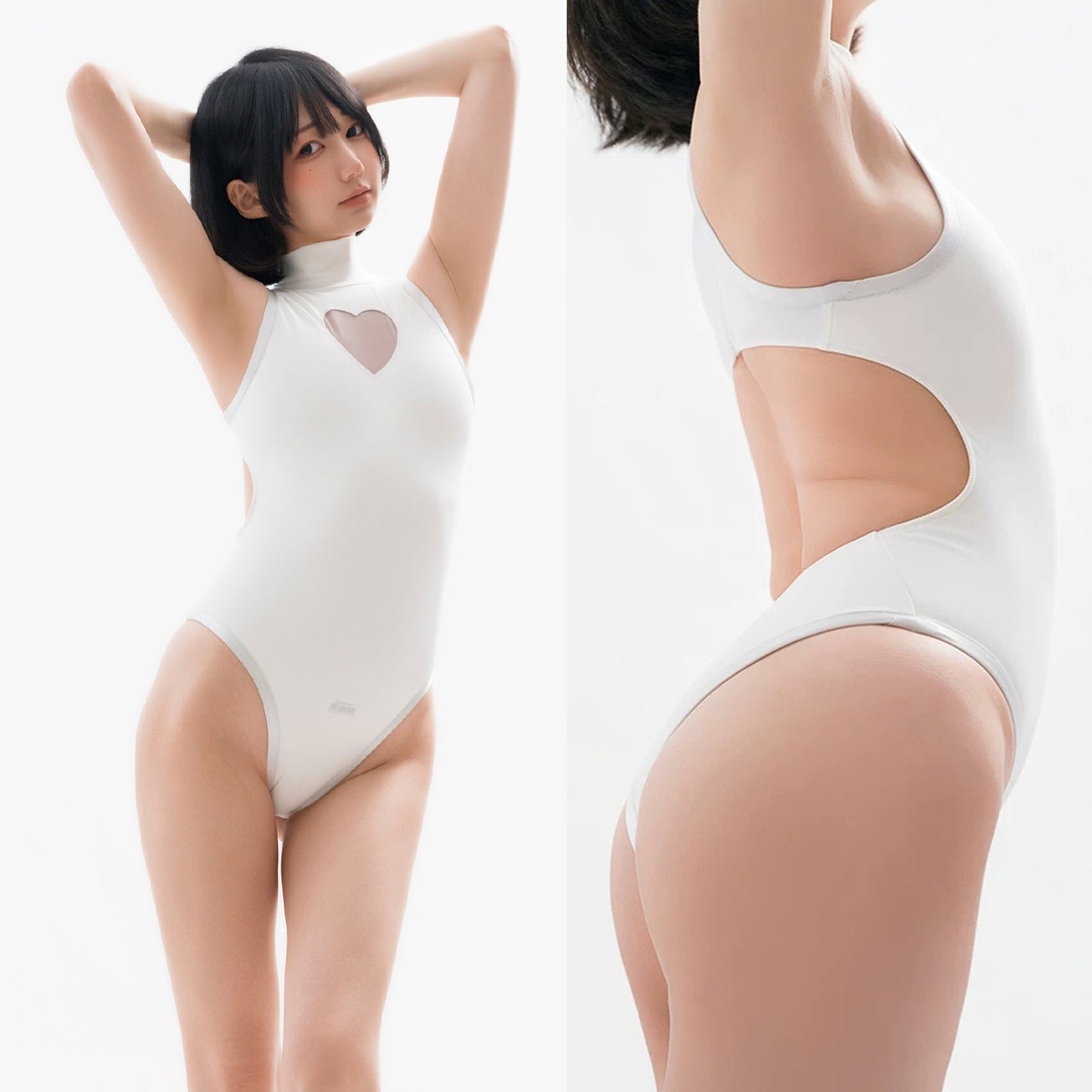 純白ハイネックセクシー超ハイレグ競泳水着 胸元ハートくり抜き 背中全開【得体社】