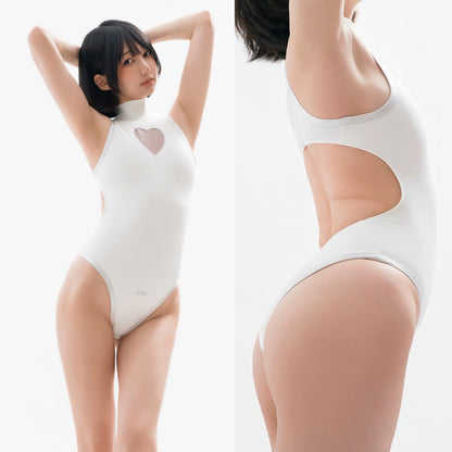 純白ハイネックセクシー超ハイレグ競泳水着 胸元ハートくり抜き 背中全開【得体社】