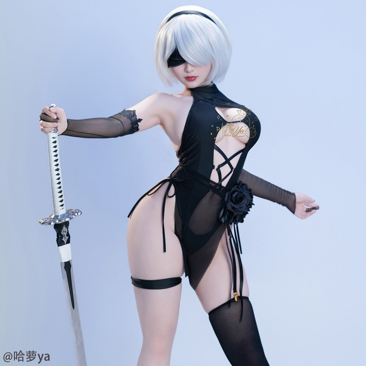 歪萌舎 2B風 NIKKE風 透け透け水着 ハイレグ サイバーパンク コスプレ 食い込み Vライン バトル水着 エロ可愛い