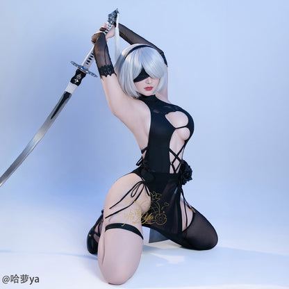 歪萌舎 2B風 NIKKE風 透け透け水着 ハイレグ サイバーパンク コスプレ 食い込み Vライン バトル水着 エロ可愛い