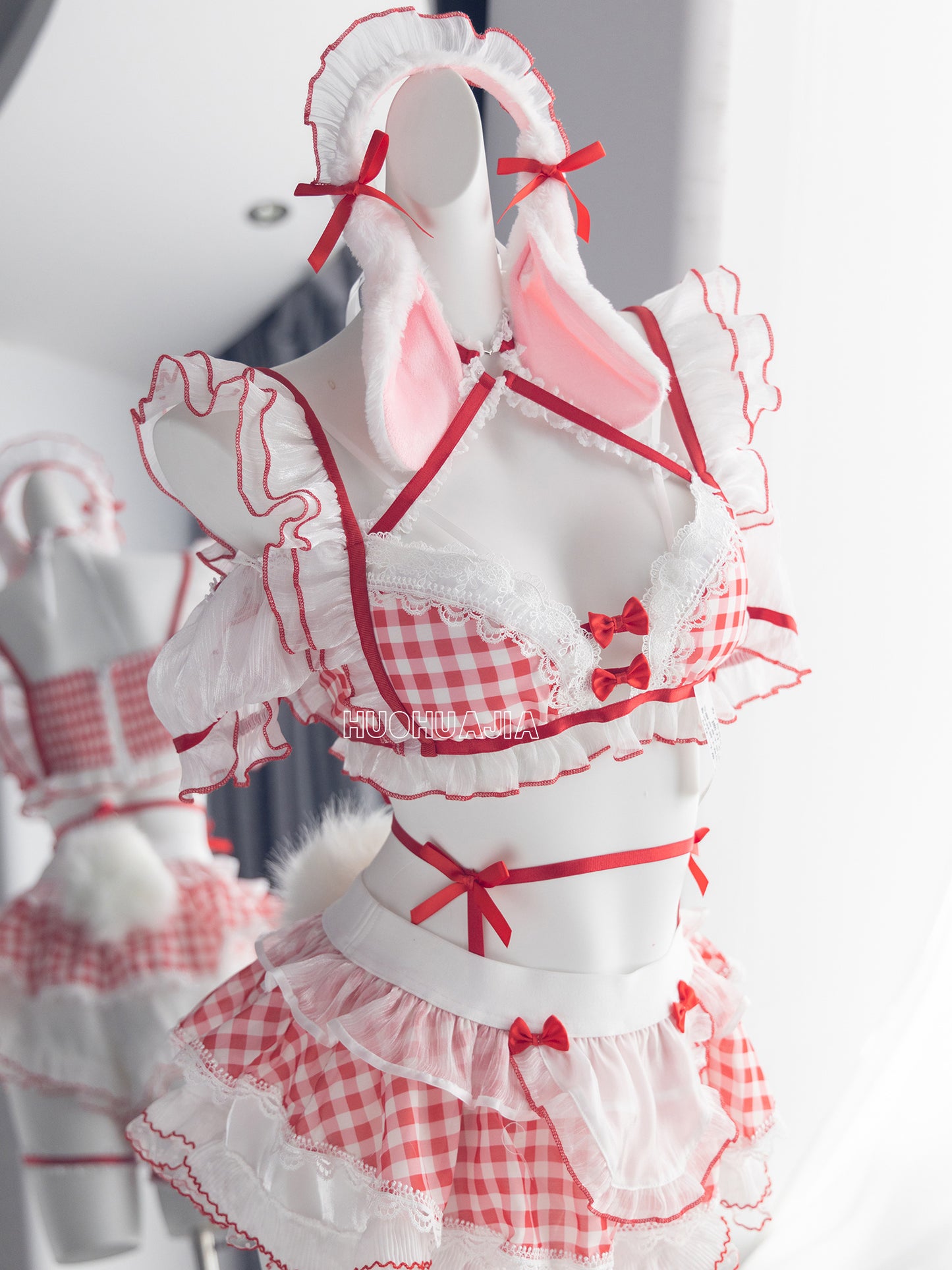 森ガール風チェック柄萌えバニーメイドコスチューム 胸パッド入り【火華家】