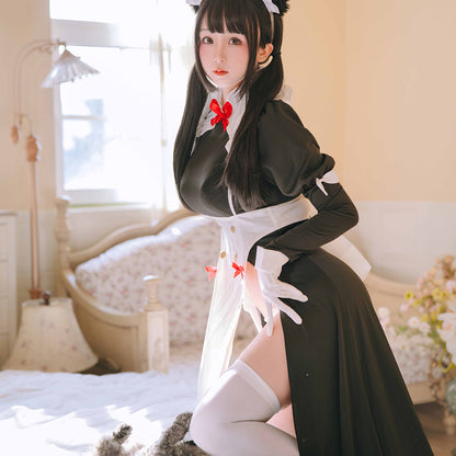 フロントオープン可愛い猫娘ロングメイドコスプレ 猫耳付き【歪萌舍】