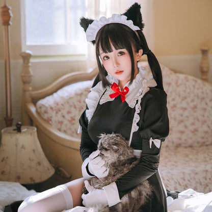 フロントオープン可愛い猫娘ロングメイドコスプレ 猫耳付き【歪萌舍】