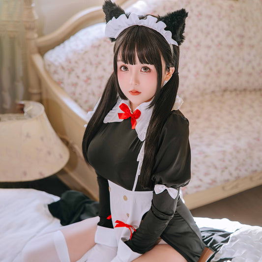 フロントオープン可愛い猫娘ロングメイドコスプレ 猫耳付き【歪萌舍】