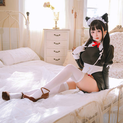 フロントオープン可愛い猫娘ロングメイドコスプレ 猫耳付き【歪萌舍】