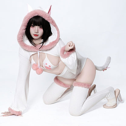 ふわもこネコ耳フード付きセクシーキュートなボディスーツコスチューム 白【BOLOLI】