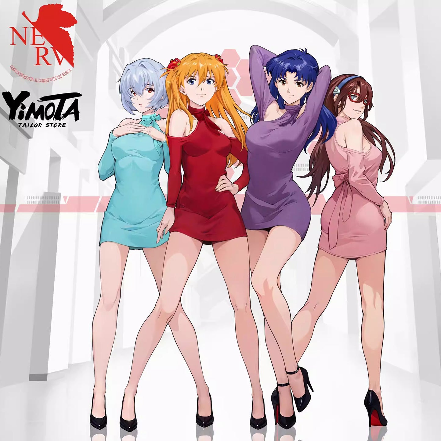 曲線美を極めるフェミニンなホルターネックタイトドレス 水色/レッド/パープル/ピンク【TANG YUAN】