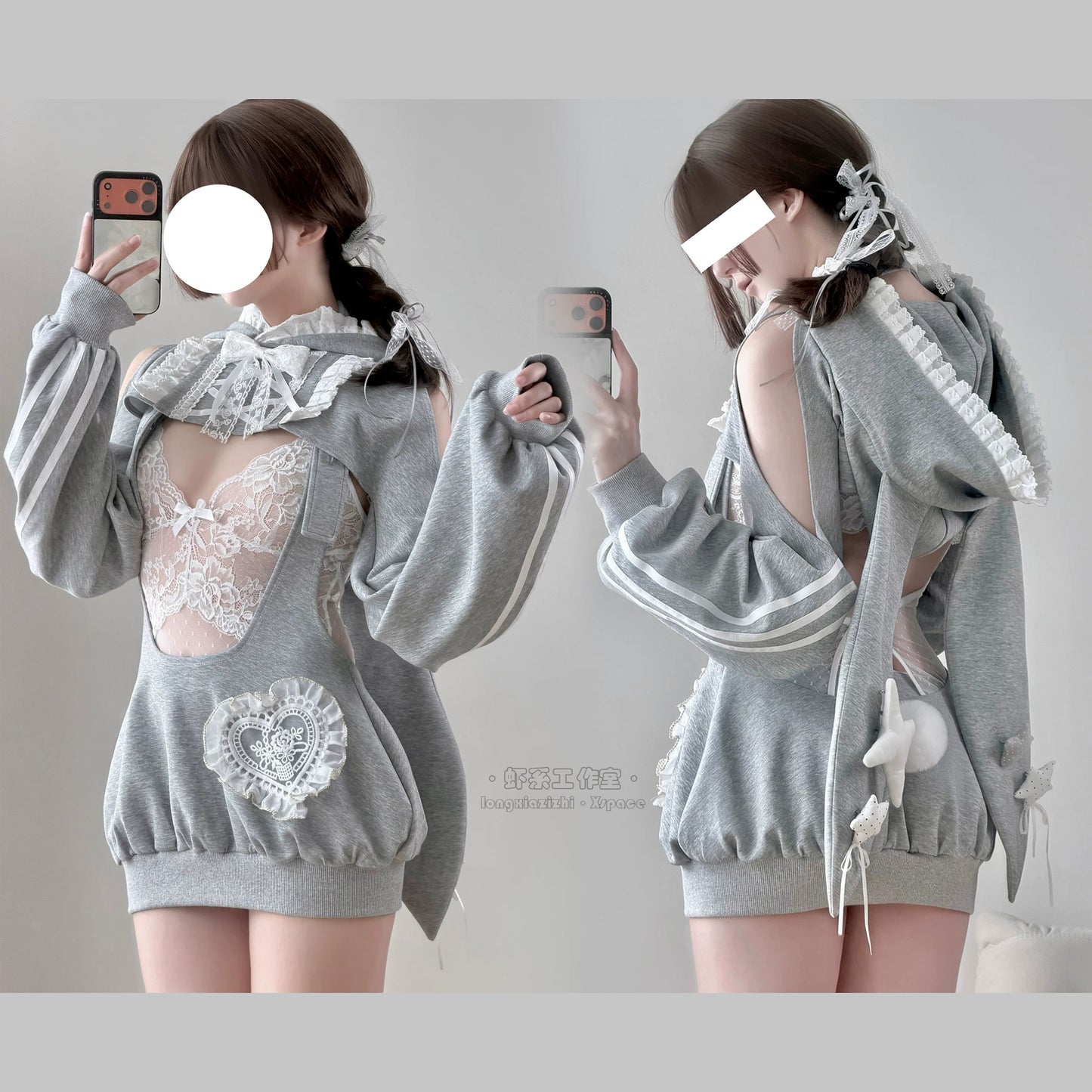 グレーラビット うさ耳フード スポーツウェア 体操服 サロペット 75kg対応 コスプレ サイド透け ディテール レースレオタード ふんわりシルエット 体型カバー コスチューム