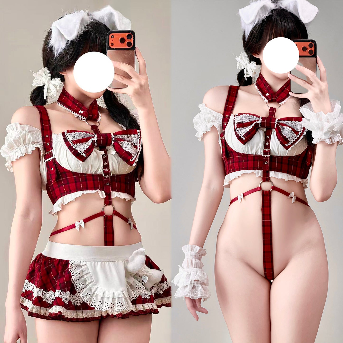 【スカート着脱2Way】赤チェック柄スクール風ハーネスランジェリー フリルエプロン付き 75kg対応【エビスタジオ】