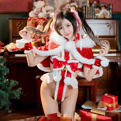 【数量限定販売】ふわふわ可愛いマント付きセクシー帯状レオタードサンタコスプレ クリスマスコスチューム【晩安魔法】