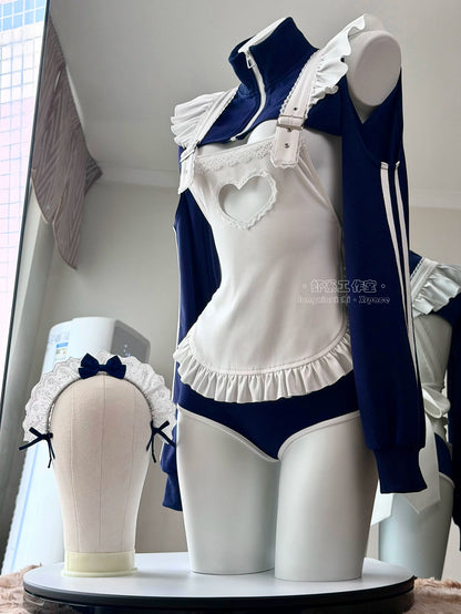 【胸元ハート窓×横乳】ブルマ風スポーティメイドコスプレ5点セット 体型カバー・75kg対応【エビスタジオ】
