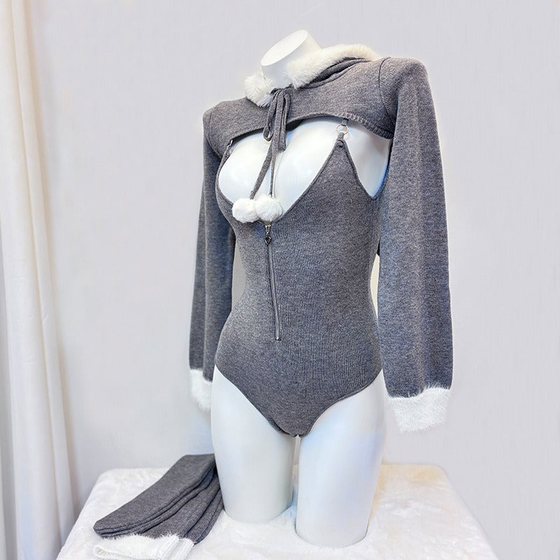 可愛い冬のグレーふわもこニットパーカーレオタード4点セット【BOLOLI】