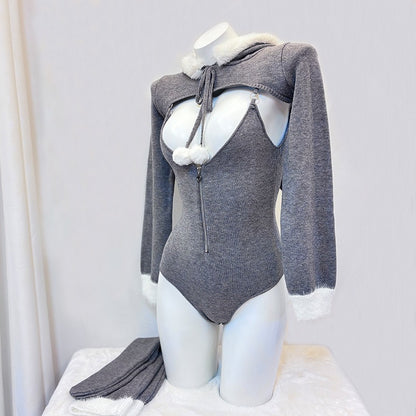 可愛い冬のグレーふわもこニットパーカーレオタード4点セット【BOLOLI】