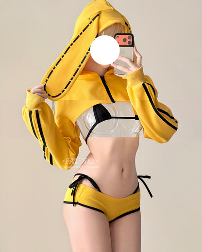 イエローブルマ風うさ耳パーカー×極小マイクロビキニ ハートくり抜きエプロン付き 【エビスタジオ】
