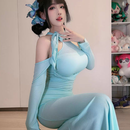 曲線美を極めるフェミニンなホルターネックタイトドレス 水色/レッド/パープル/ピンク【TANG YUAN】