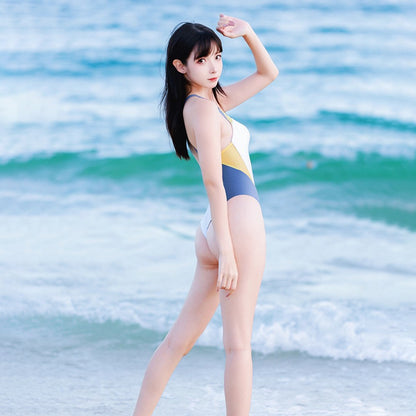 スポーティでセクシーなバックレスハイレグ競泳水着 ホワイト×ブルー×イエロー【得体社】