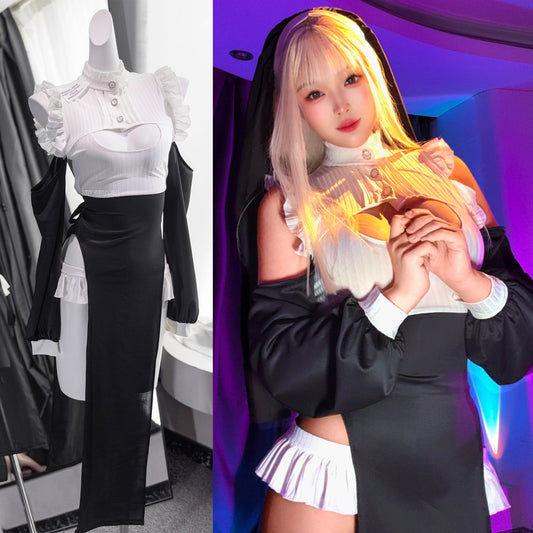 お尻ハート透け深めスリットセクシーシスターコスプレ 修道女風ワンピースコスプレ【火華家】