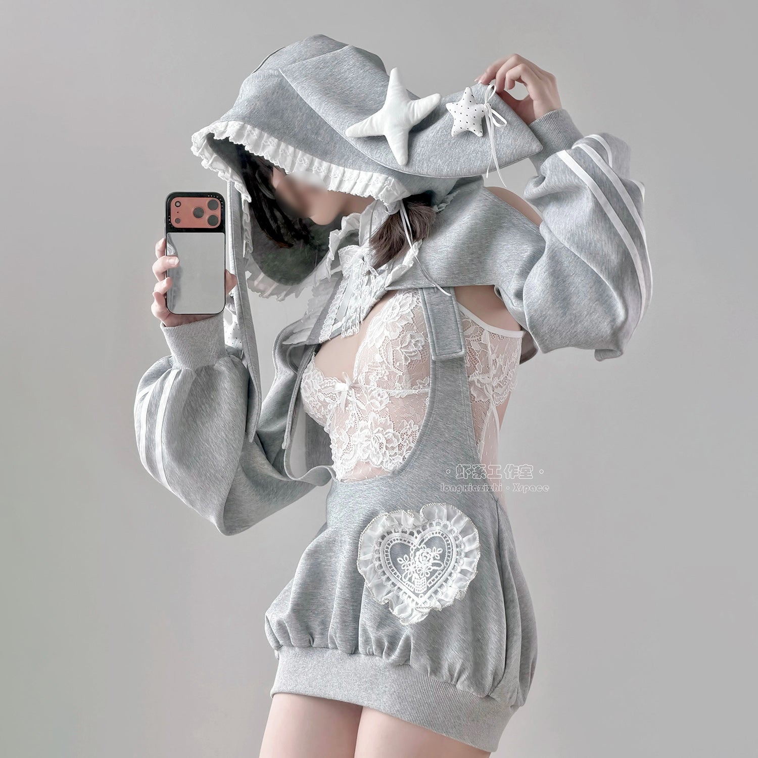 グレーラビット うさ耳フード スポーツウェア 体操服 サロペット 75kg対応 コスプレ サイド透け ディテール レースレオタード ふんわりシルエット 体型カバー コスチューム