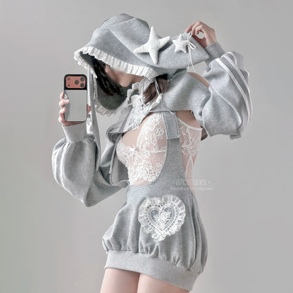 グレーラビット うさ耳フード スポーツウェア 体操服 サロペット 75kg対応 コスプレ サイド透け ディテール レースレオタード ふんわりシルエット 体型カバー コスチューム