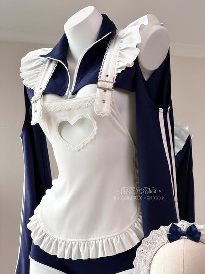 【胸元ハート窓×横乳】ブルマ風スポーティメイドコスプレ5点セット 体型カバー・75kg対応【エビスタジオ】