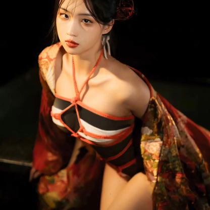 誰でも簡単に着用できる菱縄縛りビキニセットアップ 巫女風緊縛ランジェリー【エビスタジオ】