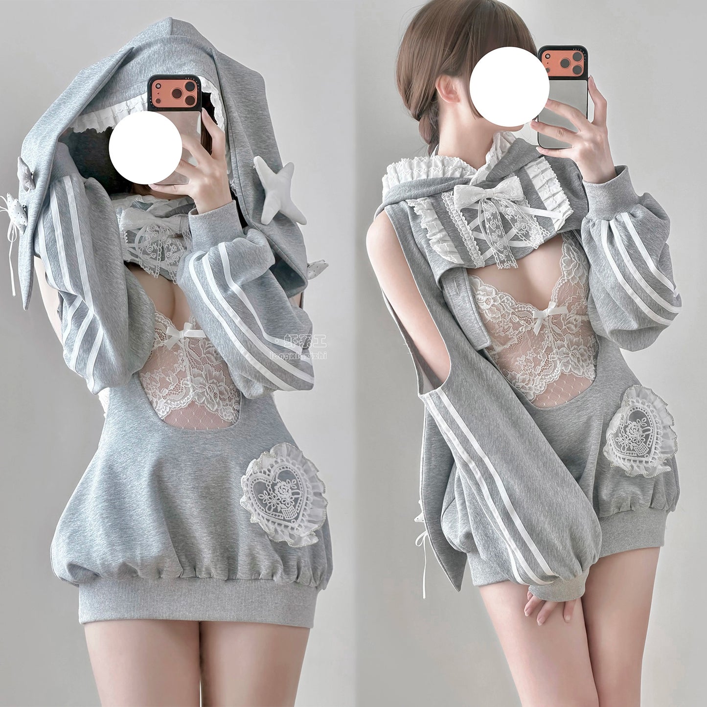 グレーラビット うさ耳フード スポーツウェア 体操服 サロペット 75kg対応 コスプレ サイド透け ディテール レースレオタード ふんわりシルエット 体型カバー コスチューム