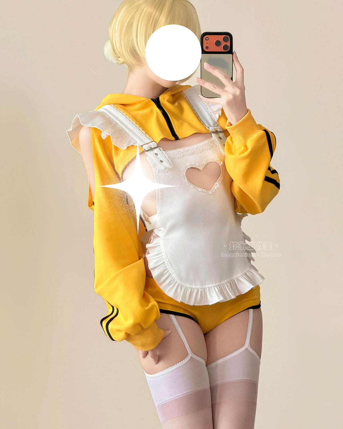 イエローブルマ風うさ耳パーカー×極小マイクロビキニ ハートくり抜きエプロン付き 【エビスタジオ】