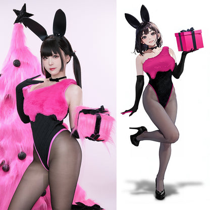ブラックピンクベルベットニットハイレグレオタードバニーガールコスプレ【得体社】