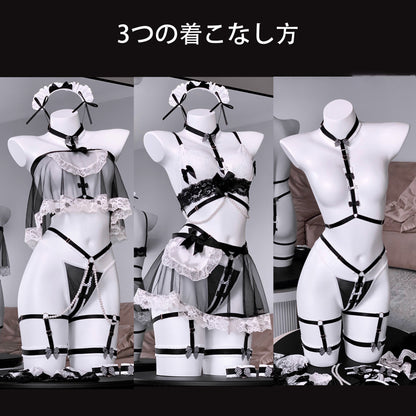 3WAY着用可能なメイド風セクシーハーネスランジェリーコスチューム 透けレース×マイクロビキニの誘惑コーデ【エビスタジオ】