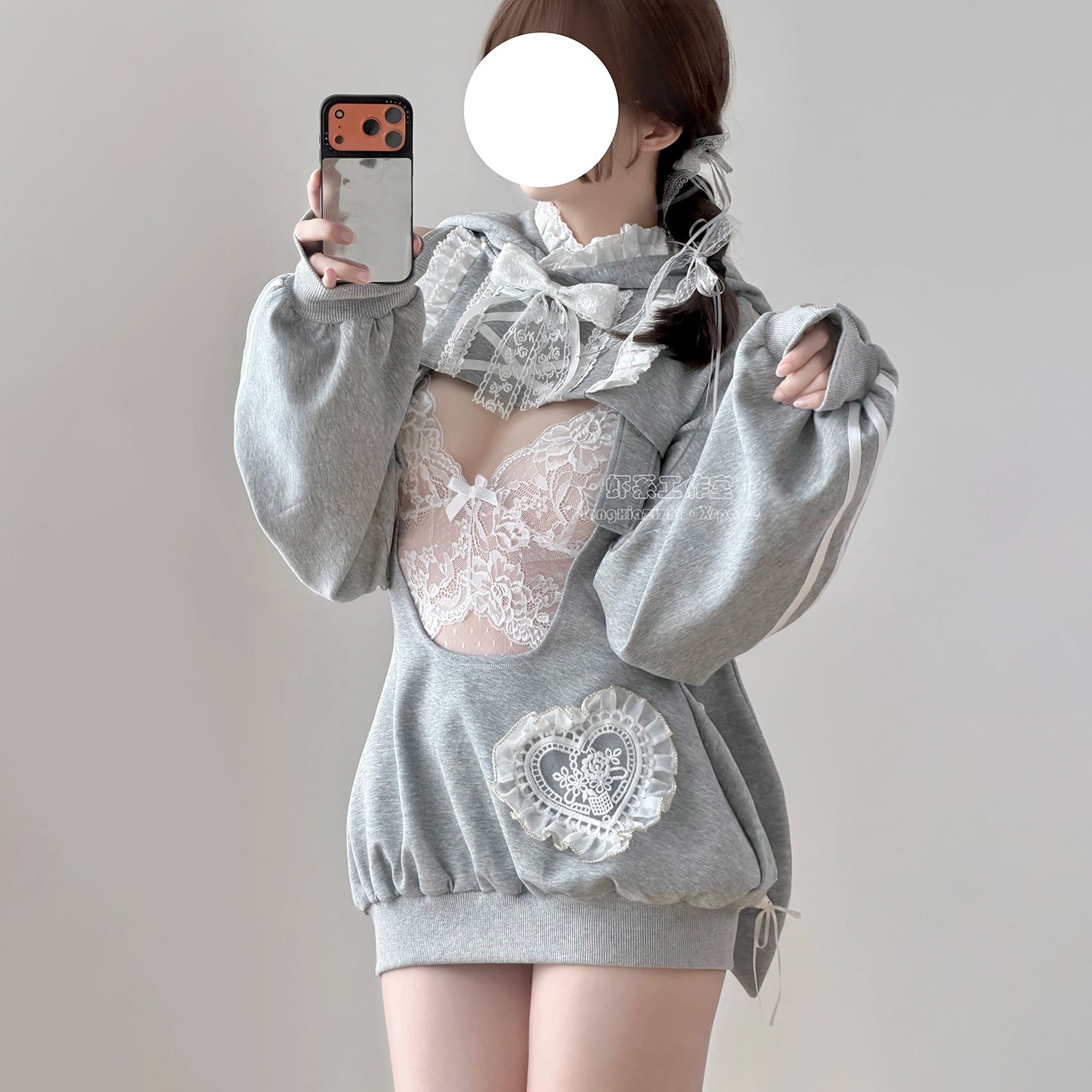 グレーラビット うさ耳フード スポーツウェア 体操服 サロペット 75kg対応 コスプレ サイド透け ディテール レースレオタード ふんわりシルエット 体型カバー コスチューム