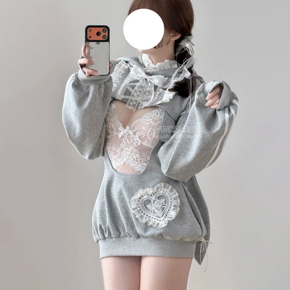 グレーラビット うさ耳フード スポーツウェア 体操服 サロペット 75kg対応 コスプレ サイド透け ディテール レースレオタード ふんわりシルエット 体型カバー コスチューム