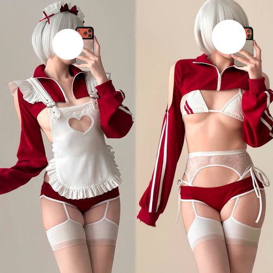ブルマー風スポーティメイドコスプレ5点セット ワインレッド  体型カバー・75kg対応【エビスタジオ】