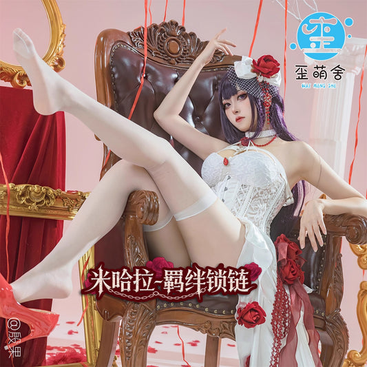 勝利の女神:NIKKE ミハラ華麗なホワイトパーティードレス 花飾りセクシーイブニングドレス【歪萌舍】