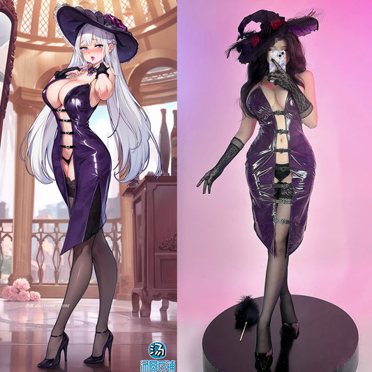 フロント開けでセクシーなエナメル魔女風コスプレ パープル【TANG YUAN】