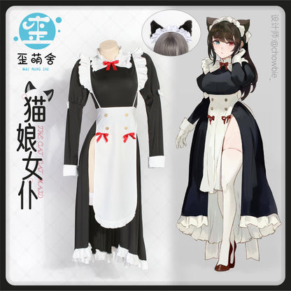 フロントオープン可愛い猫娘ロングメイドコスプレ 猫耳付き【歪萌舍】