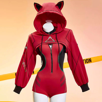アスカ風 サイバーパンク テックウェア ダブルジッパー 胸開き エヴァ 同人コスプレ 立体猫耳フード プラグスーツ風 密着 エロかっこいい