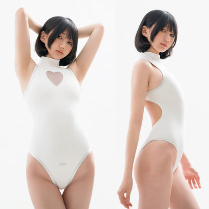 純白ハイネックセクシー超ハイレグ競泳水着 胸元ハートくり抜き 背中全開【得体社】