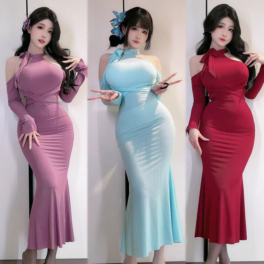 曲線美を極めるフェミニンなホルターネックタイトドレス 水色/レッド/パープル/ピンク【TANG YUAN】