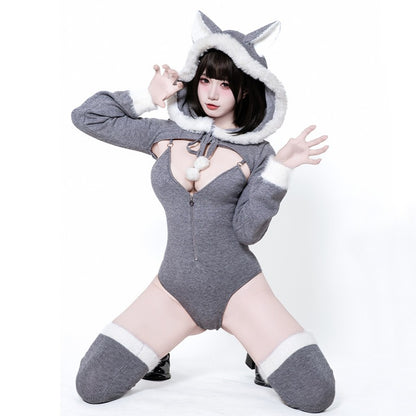 可愛い冬のグレーふわもこニットパーカーレオタード4点セット【BOLOLI】