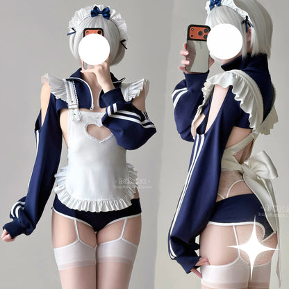 【胸元ハート窓×横乳】ブルマ風スポーティメイドコスプレ5点セット 体型カバー・75kg対応【エビスタジオ】