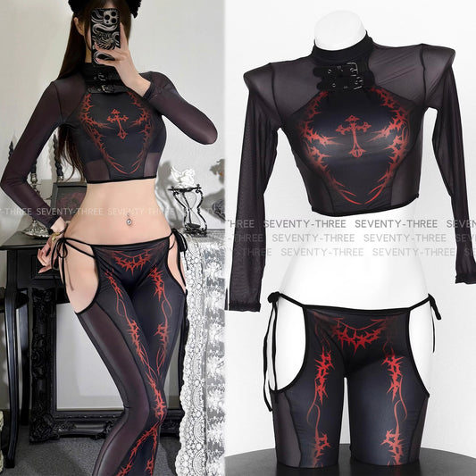 ダークゴシック風セクシーセパレート透け感メッシュボディスーツ