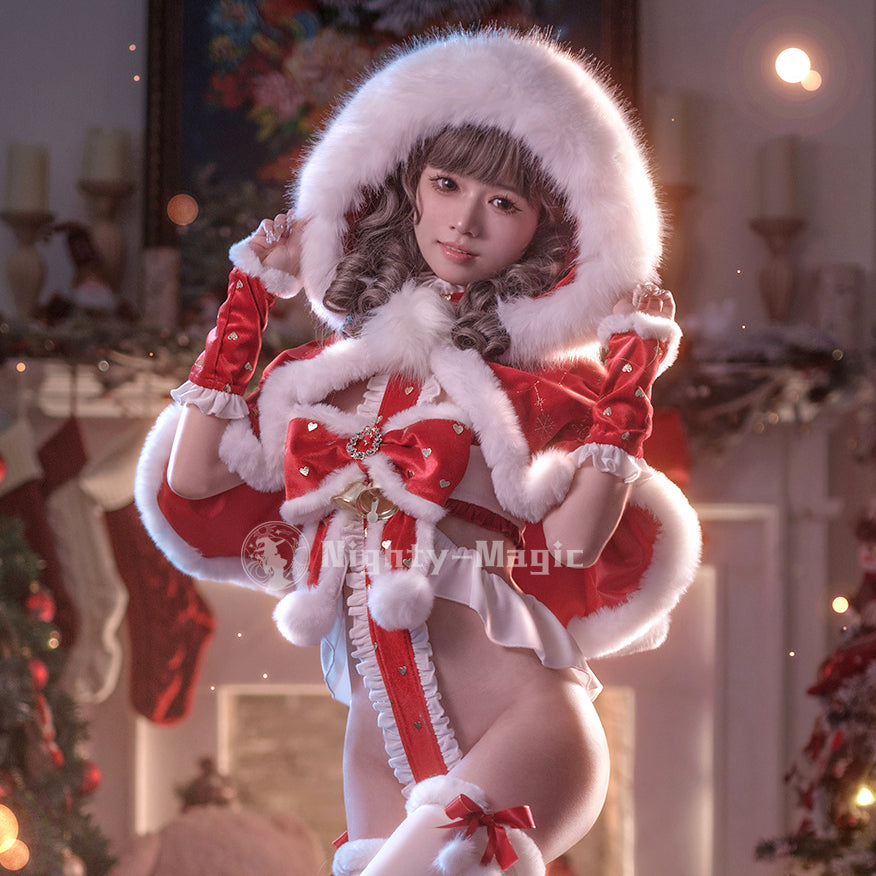 【数量限定販売】ふわふわ可愛いマント付きセクシー帯状レオタードサンタコスプレ クリスマスコスチューム【晩安魔法】