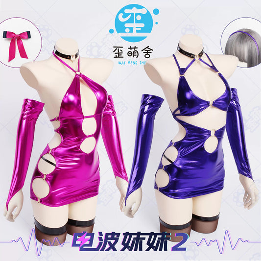 電波ちゃん2.0 パープルエナメル コスプレ 左藤空気風 ドパミンカラー ミニ丈ワンピ ツヤツヤ