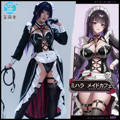NIKKE ボンデージ風ミハラメイドカフェコスプレ エナメルロングメイドコスプレ【歪萌舍】